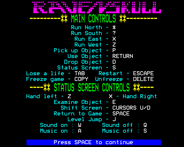 Ravenskull (BBC Micro) screenshot: Commands