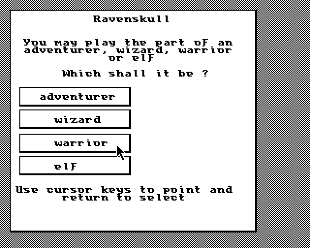 Ravenskull (BBC Micro) screenshot: Choose the Character
