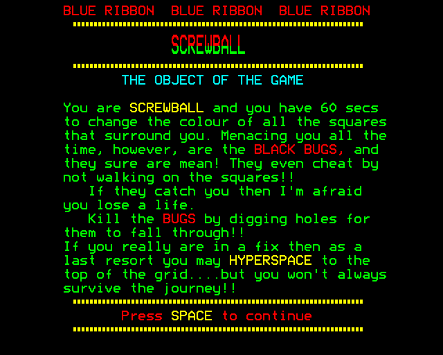 Screwball (BBC Micro) screenshot: Instructions