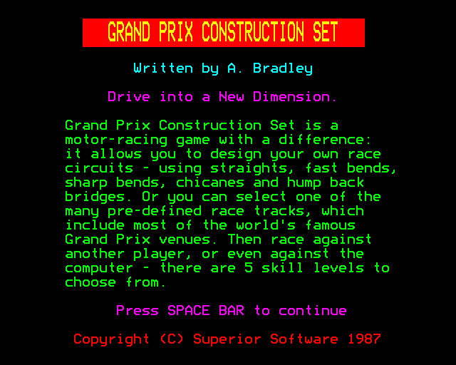 Grand Prix Construction Set (BBC Micro) screenshot: Instructions