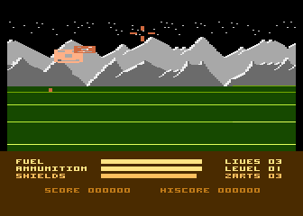 Shoot Em Up (Atari 8-bit) screenshot: Enemies in the Mountains