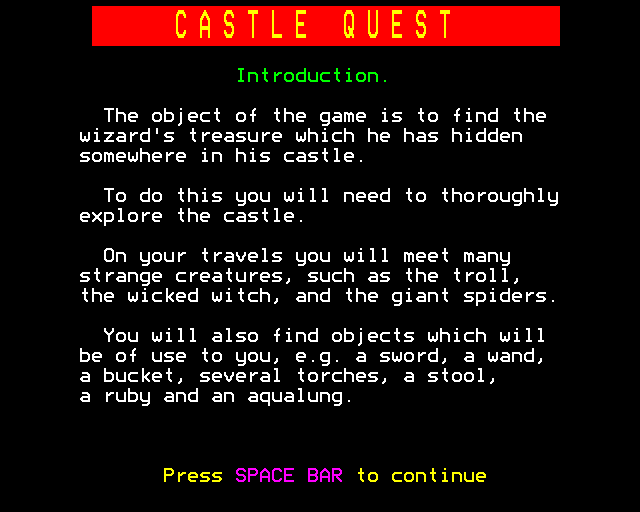 Castle Quest (BBC Micro) screenshot: Instructions
