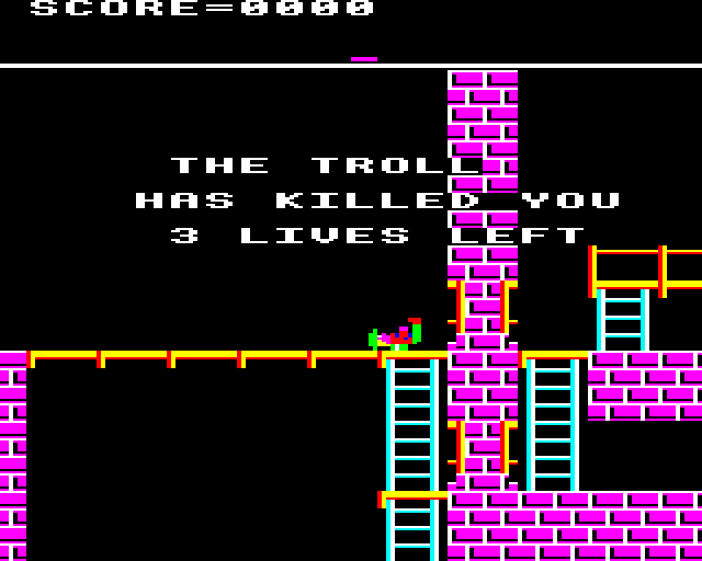 Castle Quest (BBC Micro) screenshot: Killed by a Troll