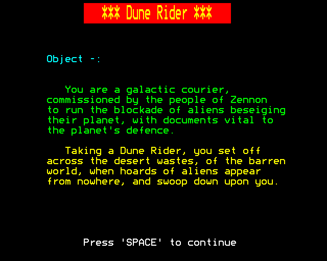 Dune Rider (BBC Micro) screenshot: Instructions