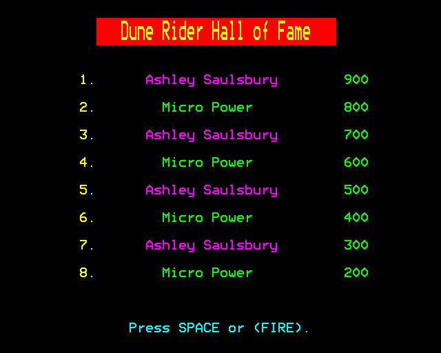 Dune Rider (BBC Micro) screenshot: High Scores
