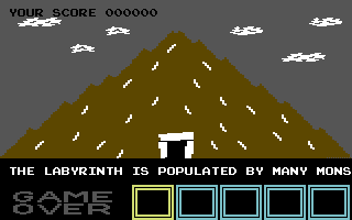 Hero of the Golden Talisman (Commodore 64) screenshot: The opening screen with a scrolling text that gives the background story and explains the controls