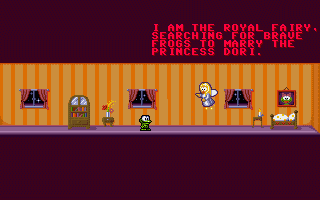Dimo's Quest (DOS) screenshot: Royal Fairy encourages you to ask the king for his daughter (from the opening intro)