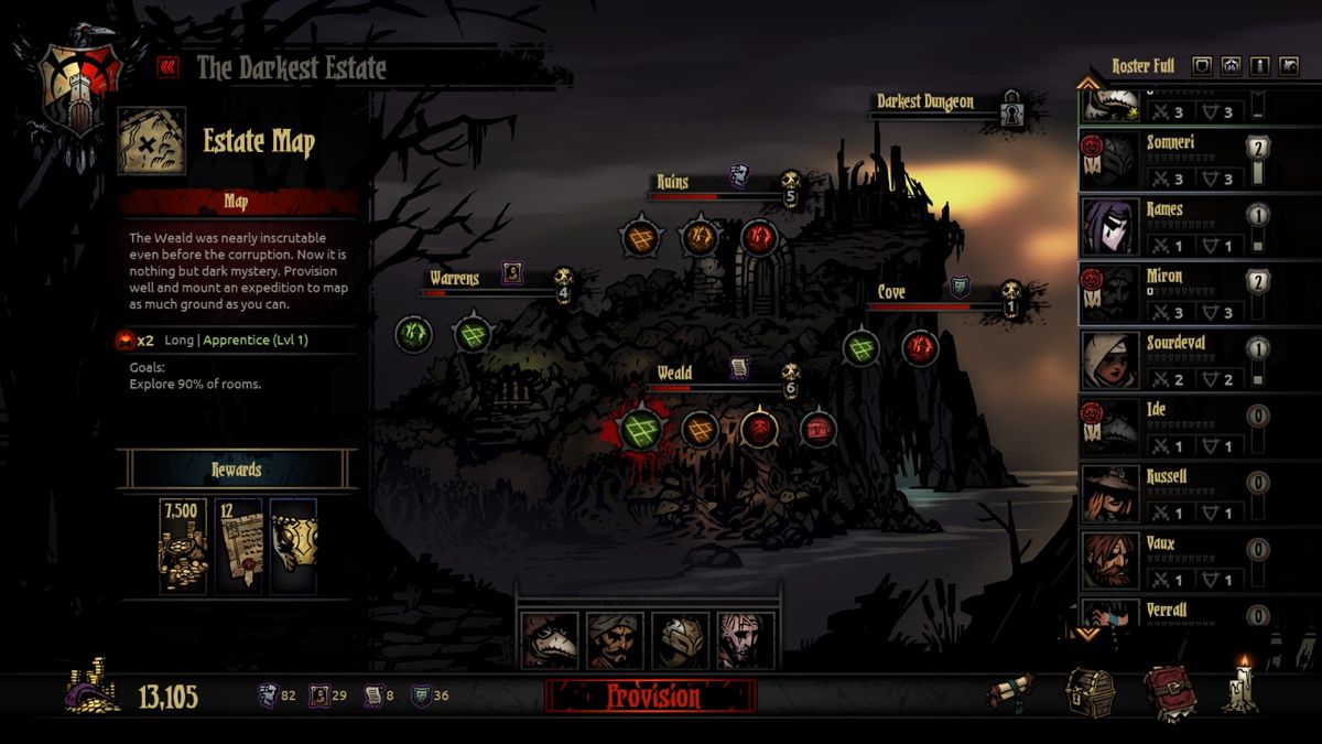 Darkest Dungeon (Windows) screenshot: Let's raid the Weald. Notice the mission length. The longer it is, the more food and torches you'll have to bring.