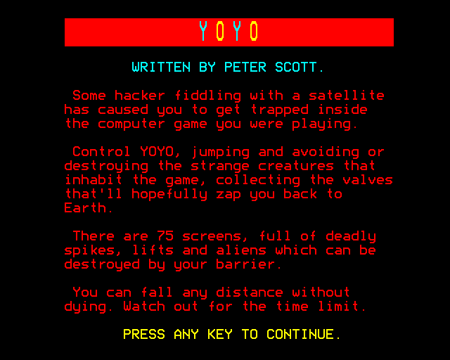 The Peter Scott Trilogy (BBC Micro) screenshot: Yoyo: Instructions