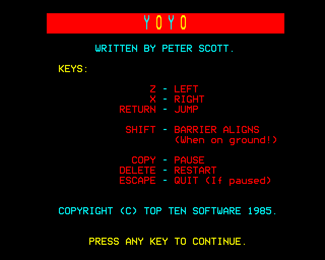 The Peter Scott Trilogy (BBC Micro) screenshot: Yoyo: Commands