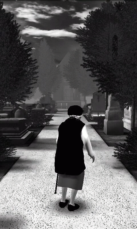 The Graveyard (Android) screenshot: The old lady is walking towards the bench