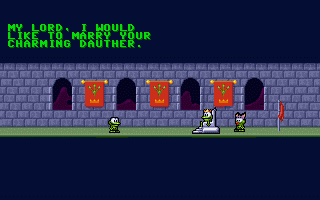 Dimo's Quest (DOS) screenshot: And you asked! But King Greenfoot would want all the sweets... (from the opening intro)
