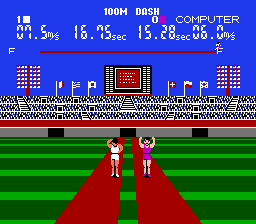 Stadium Events (NES) screenshot: Player 2 wins 100m.