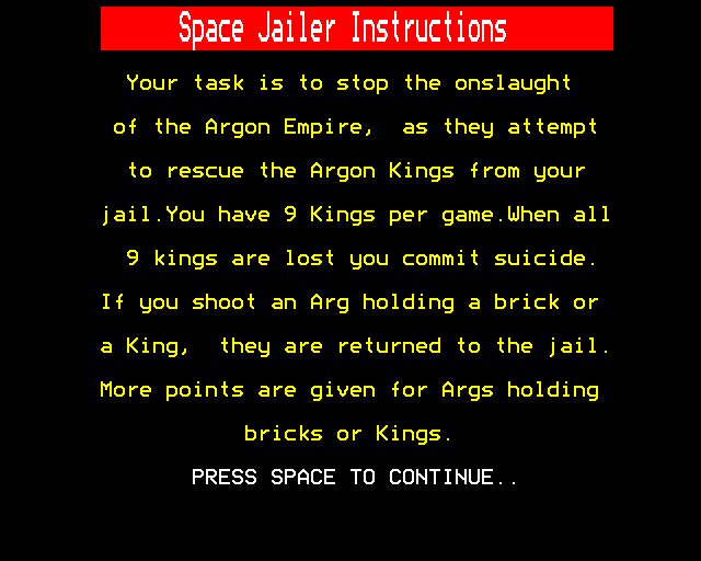 Space Jailer (BBC Micro) screenshot: Instructions