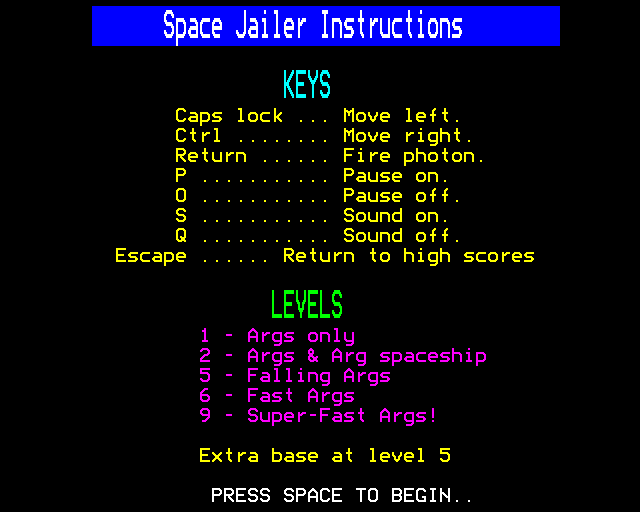 Space Jailer (BBC Micro) screenshot: Commands
