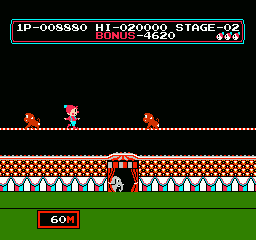 Circus Charlie (NES) screenshot: Walk the tightrope, and jump over the monkeys getting in your way