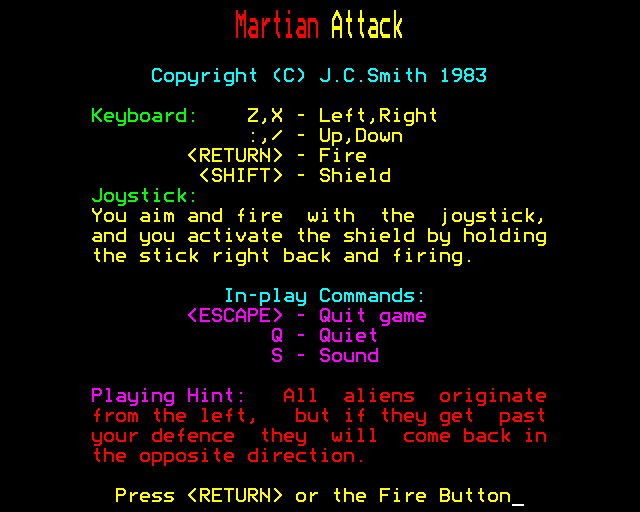 Martian Attack (BBC Micro) screenshot: Commands