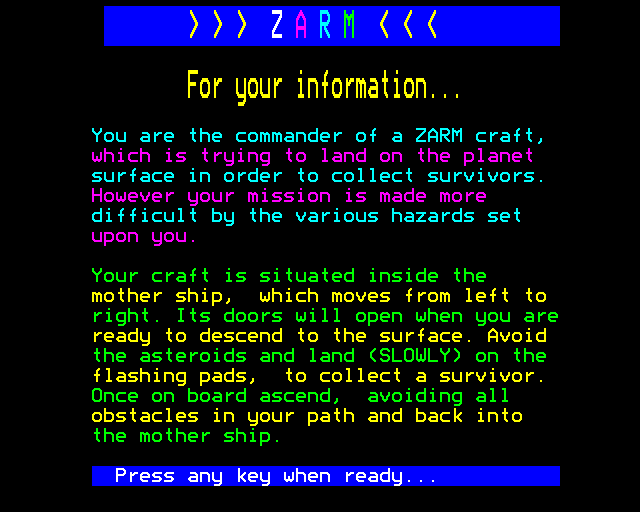 Zarm (BBC Micro) screenshot: Instructions