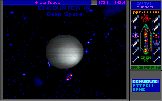 Star Control II (DOS) screenshot: Encounter in deep space - you'll see such screens many times. You can always choose whether to talk or fight the aliens, though often diplomacy is not a real option