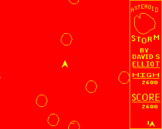 Asteroid Storm (BBC Micro) screenshot: Everything Turns Red on Level 2