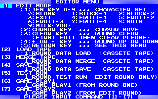 Nuts & Milk (PC-8000) screenshot: Editor Menu