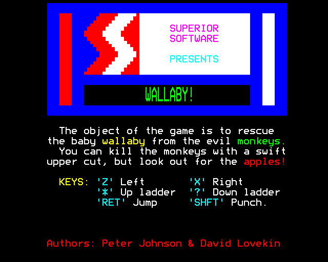Wallaby (BBC Micro) screenshot: Title Screen