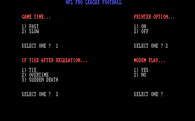 NFL Pro League Football (DOS) screenshot: Setting some game options