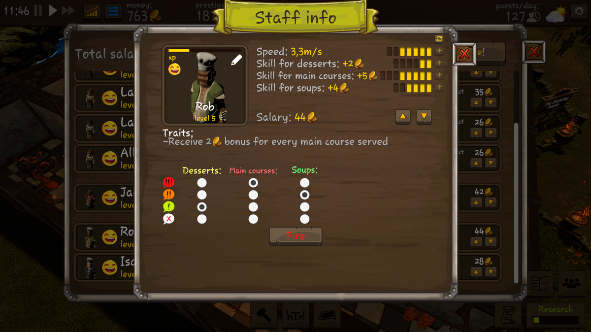 Tavern Master (Windows) screenshot: Staff can be promoted with experience, their wages can be changed and tasks prioritized