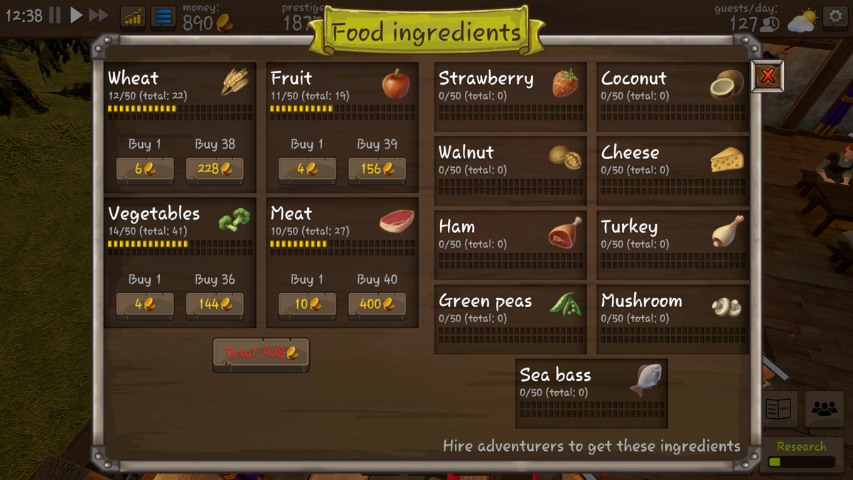 Tavern Master (Windows) screenshot: Food and beverage stock needs to be kept abundant at all times