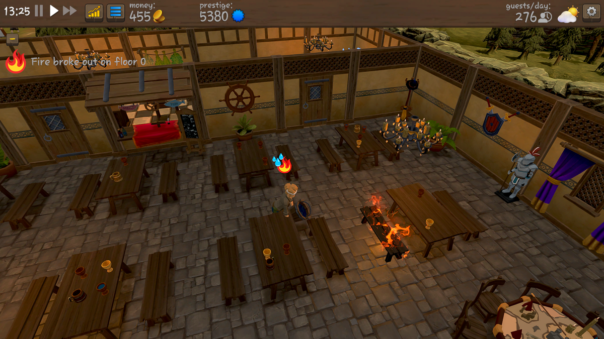 Tavern Master (Windows) screenshot: Fire hazards are a permanent threat. Notice how the "brave" adventurers ran away while the staff fights the blaze (since patch 1.1)