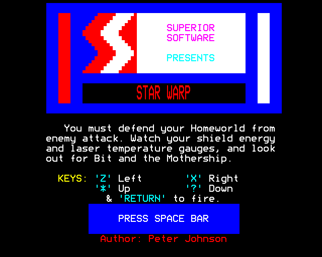 Star Warp (BBC Micro) screenshot: Title Screen