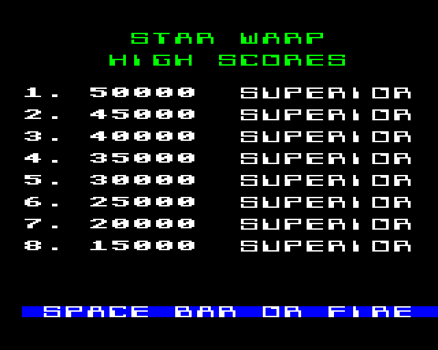Star Warp (BBC Micro) screenshot: High Scores
