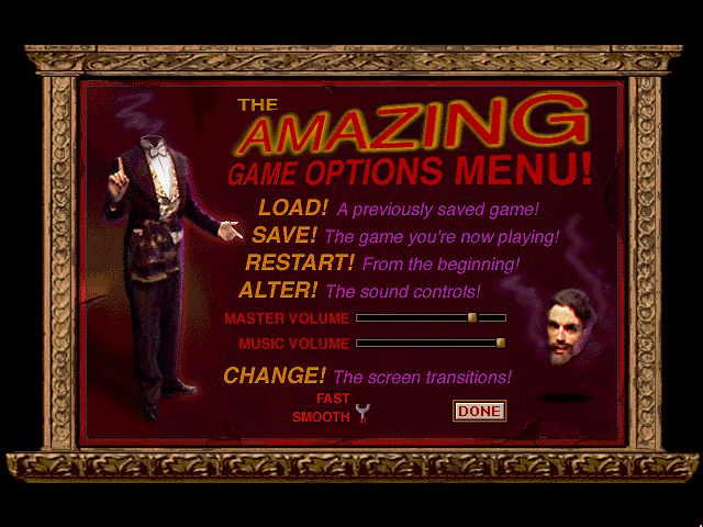 Are You Afraid of the Dark? The Tale of Orpheo's Curse (DOS) screenshot: The amazing game options menu