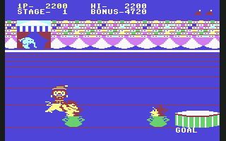 Circus Charlie (Commodore 64) screenshot: "YYYEEEEOOWWWWW" says the lion