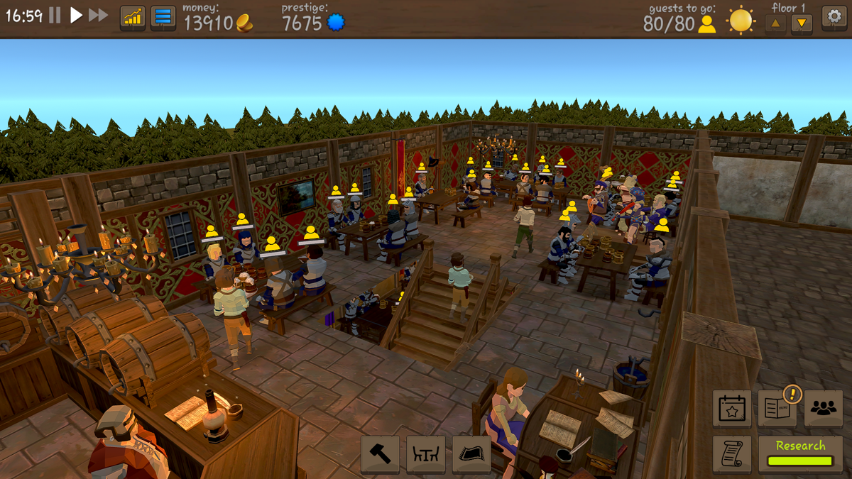 Tavern Master (Windows) screenshot: Events gradually require more and more seats, so building a new floor is mandatory after a while