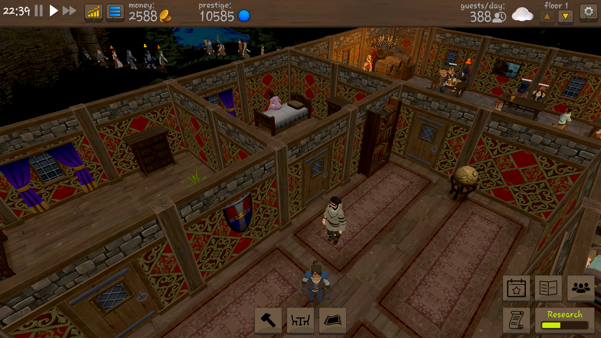 Tavern Master (Windows) screenshot: As night falls, reservations for the new hotel rooms fill up