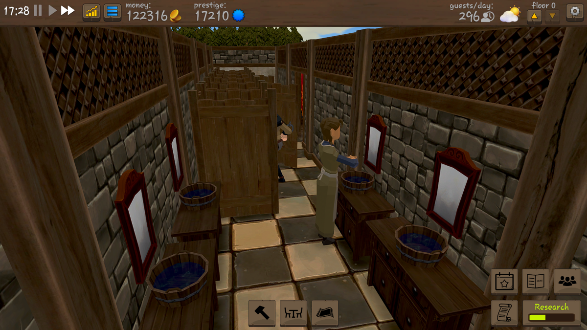 Tavern Master (Windows) screenshot: Toilets, a mid/late-game unlock since patch 1.1, become a problem if there are too many guests waiting their turn