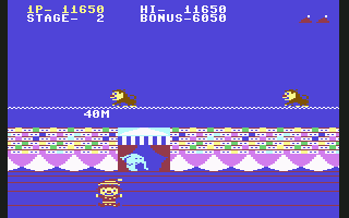 Circus Charlie (Commodore 64) screenshot: "Get up and keep doing your stuff. You're not paid just to act like a doll"