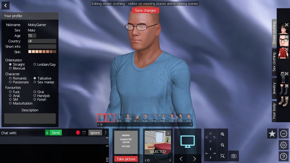 AChat (Windows) screenshot: I can change skin colour, wear a hat and glasses, and put on clothes. Other than that there is not much customisation so since my avatar looks nothing like me I guess all the others will be generic too