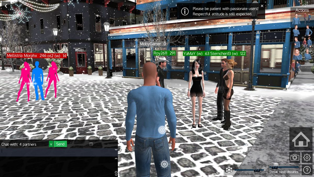 AChat (Windows) screenshot: This is one of the meeting places. Characters close up show their avatar while ones that are further away are coloured silhouettes; their avatar materialised as I got closer