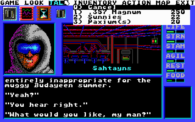 Circuit's Edge (DOS) screenshot: Talking to a drug dealer.