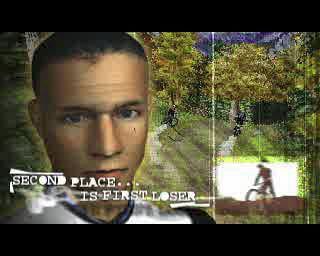 No Fear Downhill Mountain Bike Racing (PlayStation) screenshot: The game starts with a short animated introduction which mixes bits of live action with game footage