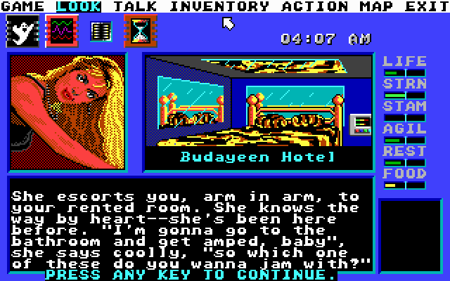 Circuit's Edge (DOS) screenshot: In a hotel room with a hooker.