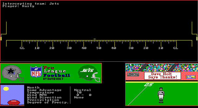 NFL Pro League Football (DOS) screenshot: Game in progress... (EGA graphics mode)