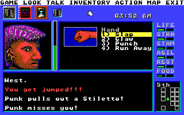 Circuit's Edge (DOS) screenshot: Jumped by a street thug.