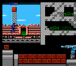 CrossFire (NES) screenshot: Colombian level is a moving train with all sorts of hazards appearing constantly in the background