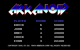 Arkanoid (DOS) screenshot: Scoreboard (EGA)