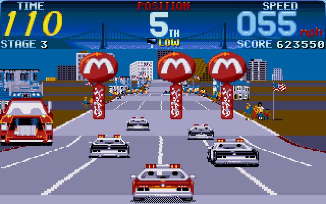 Cisco Heat: All American Police Car Race (Amiga) screenshot: Must be a Monolith Burger around here somewhere