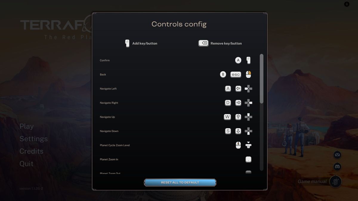 Terraformers (Windows) screenshot: The game's keyboard controls