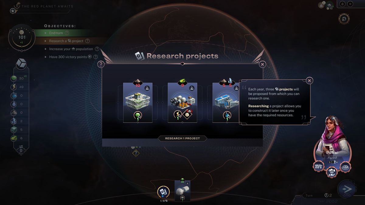 Terraformers (Windows) screenshot: Each turn/year a selection of projects can be researched. I think the choice of leader affects the projects that are offered